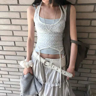 Layered Lace Drop String Halterneck Top