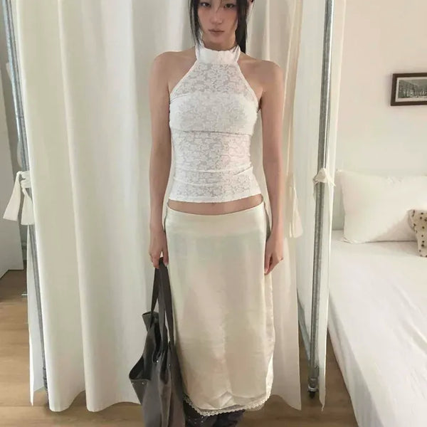 Noir Satin Slit Midi Skirt