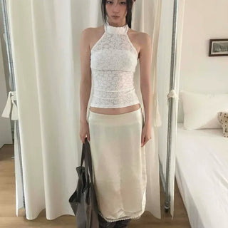 Noir Satin Slit Midi Skirt