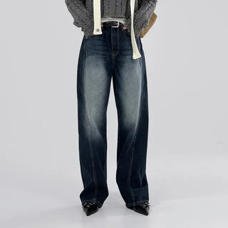 Deep blue wide denim pants with chin cutouts