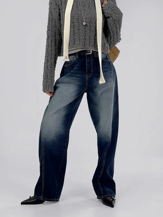 Deep blue wide denim pants with chin cutouts
