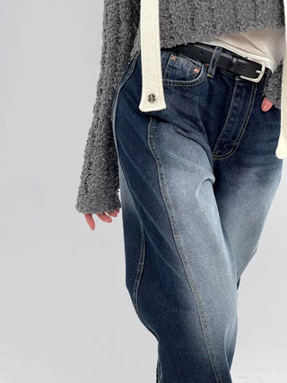 Deep blue wide denim pants with chin cutouts
