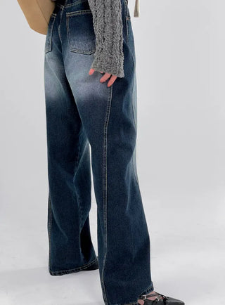Deep blue wide denim pants with chin cutouts