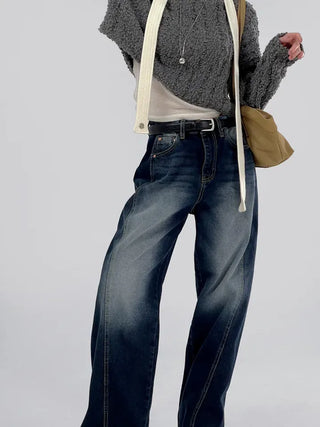 Deep blue wide denim pants with chin cutouts