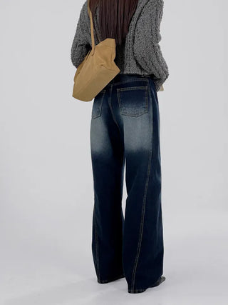 Deep blue wide denim pants with chin cutouts