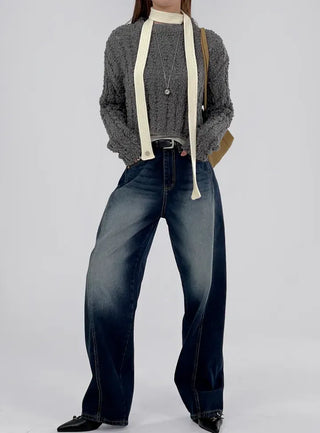 Deep blue wide denim pants with chin cutouts