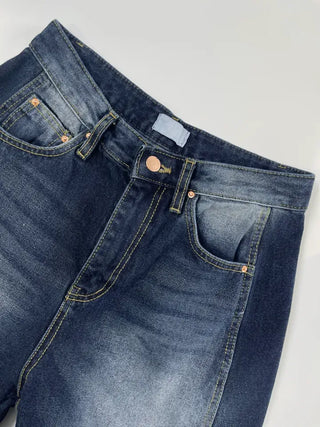 Deep blue wide denim pants with chin cutouts