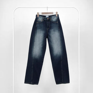 Deep blue wide denim pants with chin cutouts
