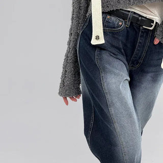Deep blue wide denim pants with chin cutouts