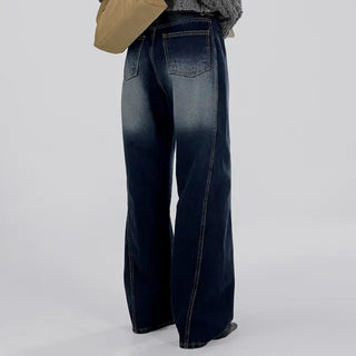Deep blue wide denim pants with chin cutouts
