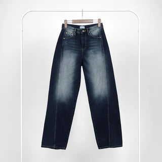 Deep blue wide denim pants with chin cutouts