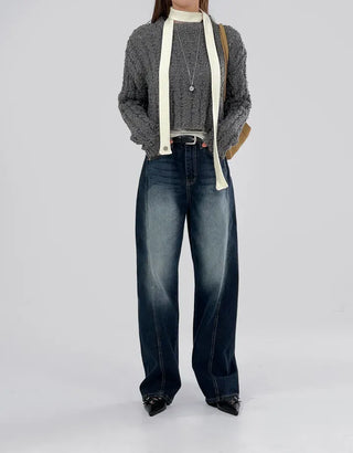 Deep blue wide denim pants with chin cutouts