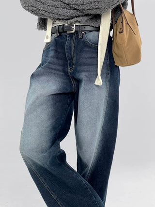 Deep blue wide denim pants with chin cutouts