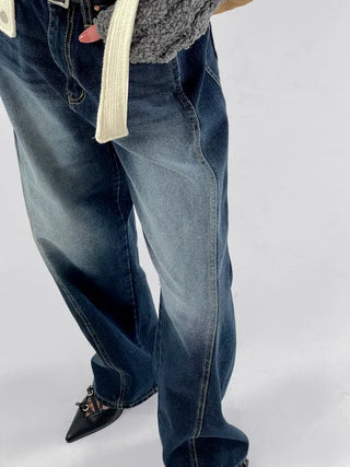 Deep blue wide denim pants with chin cutouts