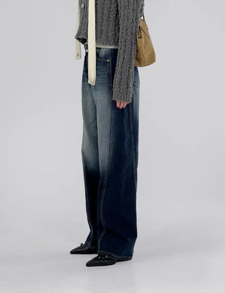 Deep blue wide denim pants with chin cutouts