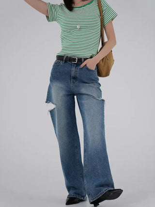 Beginning Back Slit Striped Short Sleeve