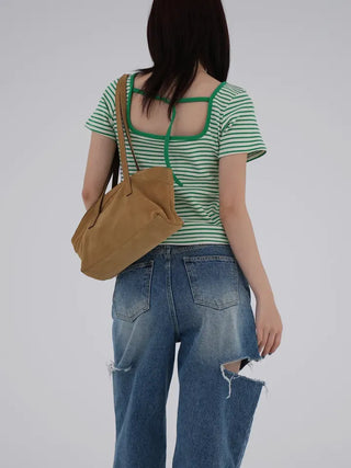 Beginning Back Slit Striped Short Sleeve