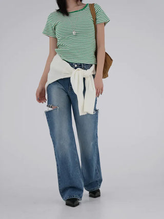 Beginning Back Slit Striped Short Sleeve