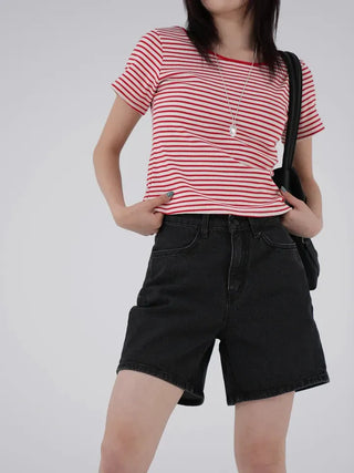 Beginning Back Slit Striped Short Sleeve