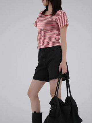 Beginning Back Slit Striped Short Sleeve