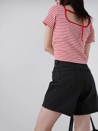 Beginning Back Slit Striped Short Sleeve