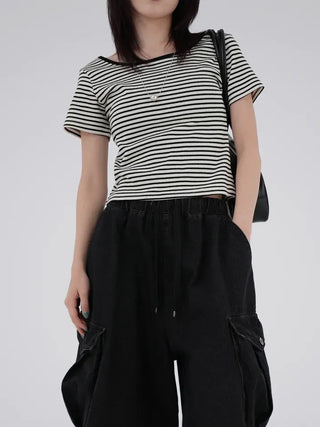 Beginning Back Slit Striped Short Sleeve