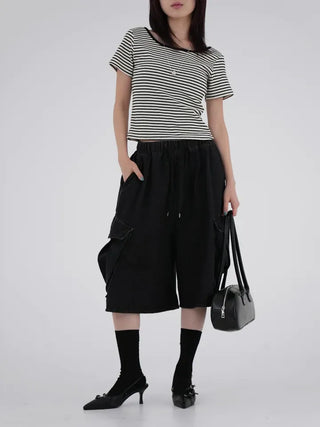 Beginning Back Slit Striped Short Sleeve