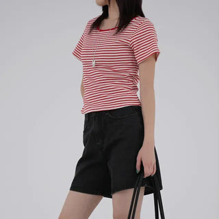 Beginning Back Slit Striped Short Sleeve