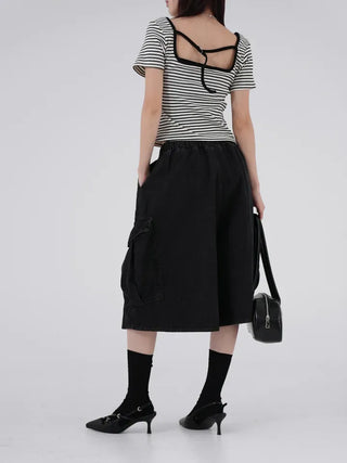 Beginning Back Slit Striped Short Sleeve