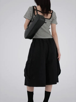 Beginning Back Slit Striped Short Sleeve