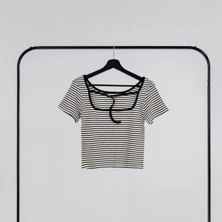 Beginning Back Slit Striped Short Sleeve