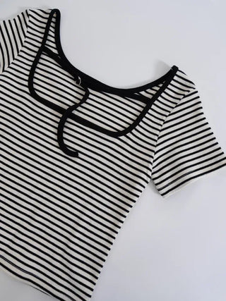 Beginning Back Slit Striped Short Sleeve