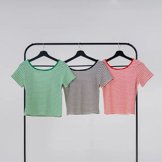 Beginning Back Slit Striped Short Sleeve