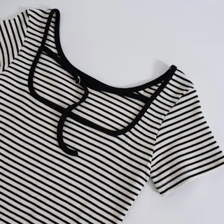 Beginning Back Slit Striped Short Sleeve