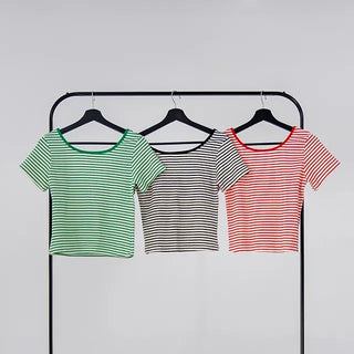Beginning Back Slit Striped Short Sleeve