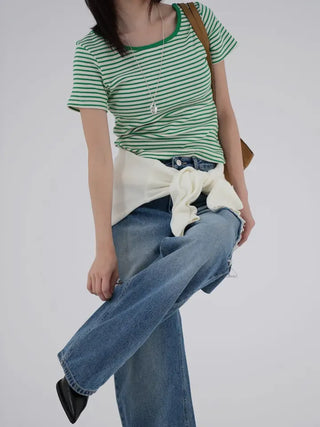 Beginning Back Slit Striped Short Sleeve