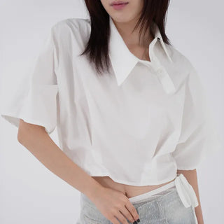 Isola Diagonal Neck Pintuck Crop Shirt