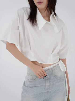Isola Diagonal Neck Pintuck Crop Shirt