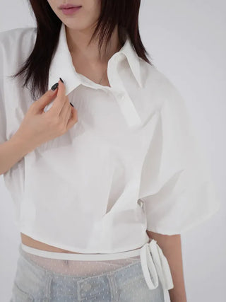 Isola Diagonal Neck Pintuck Crop Shirt