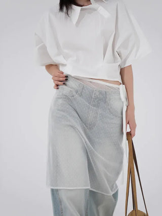 Isola Diagonal Neck Pintuck Crop Shirt