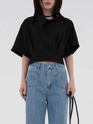 Isola Diagonal Neck Pintuck Crop Shirt