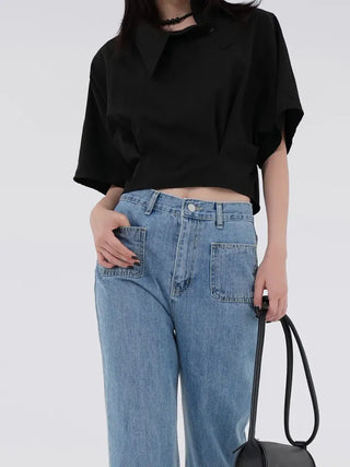 Isola Diagonal Neck Pintuck Crop Shirt