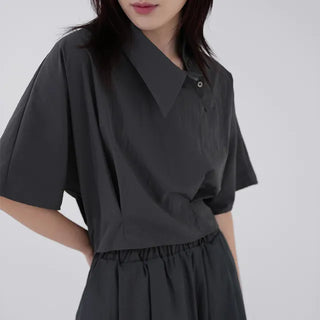 Isola Diagonal Neck Pintuck Crop Shirt