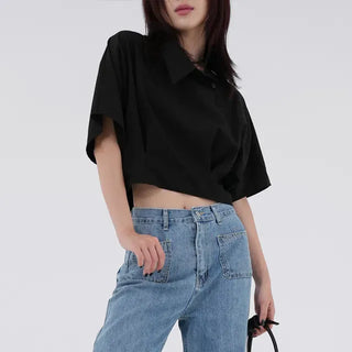 Isola Diagonal Neck Pintuck Crop Shirt