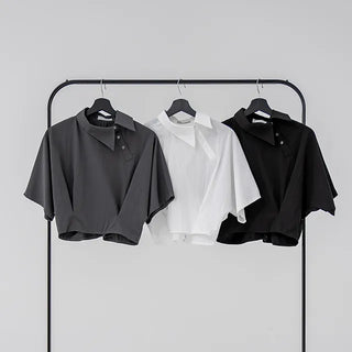 Isola Diagonal Neck Pintuck Crop Shirt