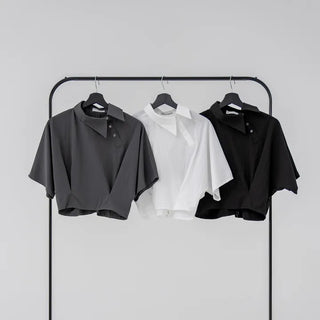 Isola Diagonal Neck Pintuck Crop Shirt