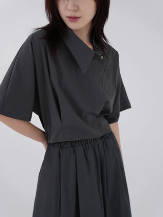 Isola Diagonal Neck Pintuck Crop Shirt