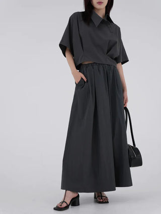 Isola Diagonal Neck Pintuck Crop Shirt
