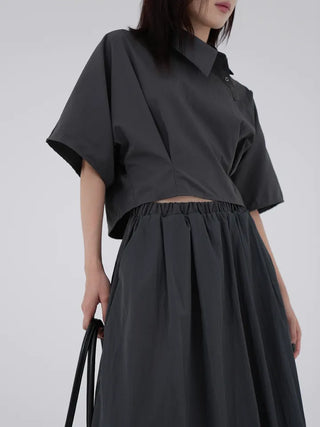Isola Diagonal Neck Pintuck Crop Shirt