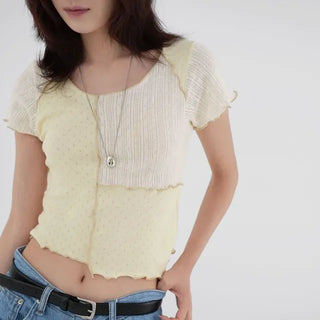 Shinun Diamond Punching Color Block Frill Tee